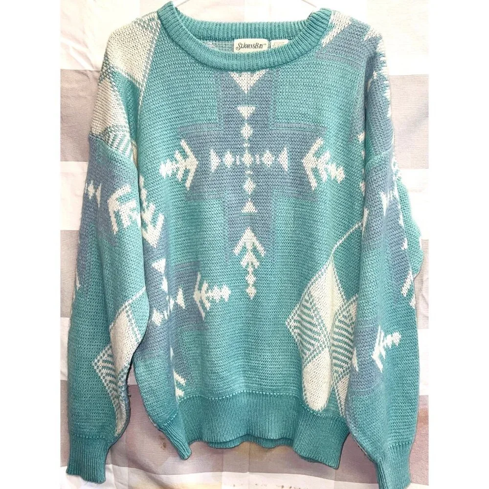 St. Johns Bay Women’s Teal/Purple & White Geometric Sweater Large Acrylic/Nylon - Picture 1 of 4